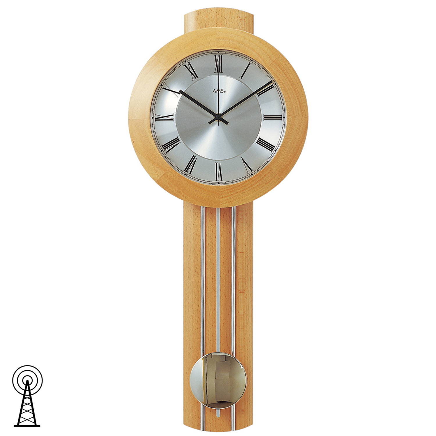 AMS Funk Wanduhr mit Pendel massiv Buche silberfarbene -> Wanduhren Holz Pendel AMS Funk Wanduhr mit Pendel massiv Buche silberfarbene -> Wanduhren Holz Pendel