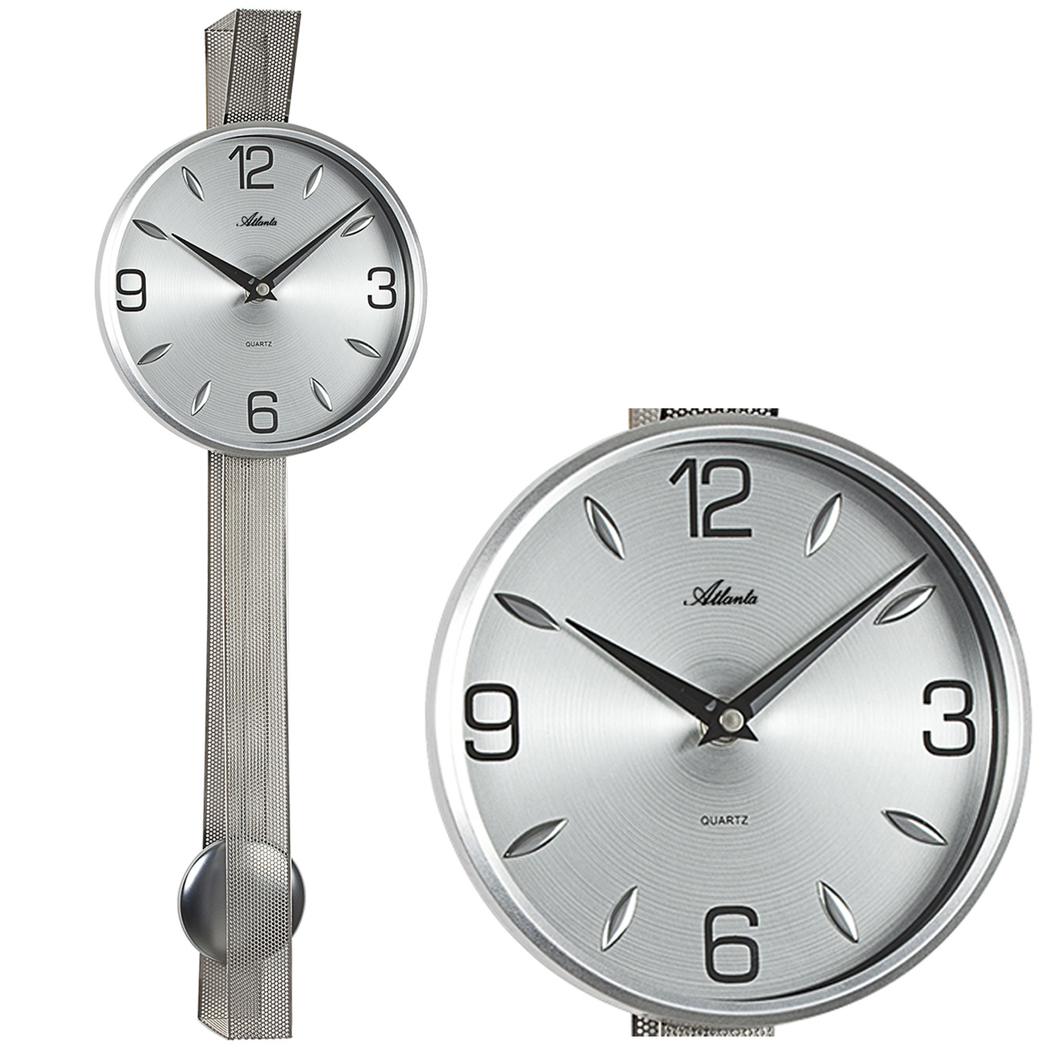 Atlanta Quarz analog Pendel-Wanduhr silberfarben mit ...