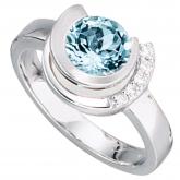 Damenring 14 K (585) Weißgold mit Aquamarin und Brillanten 0,064ct. | Edelsteine