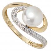 Damenring 585/-Gelbgold mit 1 Süßwasserzuchtperle und Diamanten