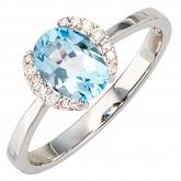 Damenring 14 K (585) Weißgold, ein Blautopas und Brillanten 0,09ct. | Edelsteine