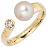 Damen Ring 14k (585) Gelbgold mit Süßwasser-Zuchtperle und Brillant 0,10 ct.