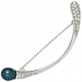 Brosche 925 Sterling Silber mit Perle (synth.) und Zirkonia weiß | Silberschmuck