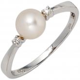 Damen Ring 585 Weißgold mit Süßwasser-Zucht-Perle und Brillanten 0,04 ct. | Perlen