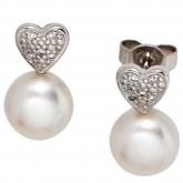 Ohrstecker Herz 585 Weißgold mit Süßwasser-Perlen und Diamant-Brillanten 0,04ct. | Perlen