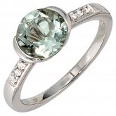 Damenring 14 K (585) Weißgold, ein grüner Amethyst und Brillanten 0,06ct. | Edelsteine