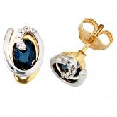 Ohrstecker 585 Gelb- und Weißgold mit 10 Diamant-Brillanten und 2 Blue Saphiren | Edelsteine