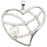Anhänger "Herz" 925 Sterling Silber mit Süßwasser-Zuchtperle und Zirkonia weiß | Silberschmuck