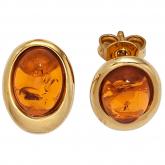 Ohrstecker oval 9k (375) Gelbgold mit 2 Bernsteine goldbraun | Edelsteine