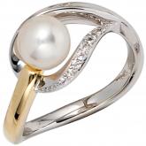 Damen Ring 585 Weiß-/Gelbgold mit Süßwasser-Zuchtperle weiß und 9 Brillanten | Perlen