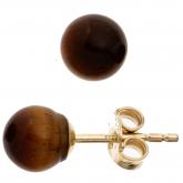 Ohrstecker "Kugel" 333 Gelbgold mit 2 Tigeraugen braun | Edelsteine