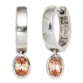 Creolen 925 Sterling Silber mit 2 Zirkonia champagner-farben | Silberschmuck