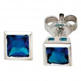 Ohrstecker quadratisch 925 Sterling Silber rhodiniert 2 Zirkonia blau