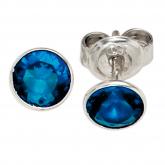 Ohrstecker rund 925 Sterling Silber mit 2 Zirkonia blau
