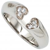 Damen Ring mit 2 Herzen offen 925 Sterling Silber und 6 Zirkonia weiß | Silberschmuck