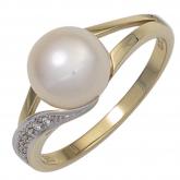 Damen Ring 585 Gelbgold Süßwasser-Zuchtperle 6 Brillanten | Perlen