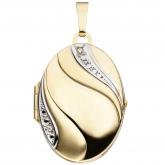 Medaillon oval 333 Gelbgold mit 2 Zirkonia weiß wellenförmiges Dekor | Gelbgoldschmuck