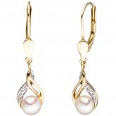 Boutons 585 Gelbgold 2 Süßwasser-Zuchtperlen weiß und 2 Brillanten 0,004 ct. | Perlen