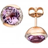 Ohrstecker rund 14k (585) Rotgold mit 20 Brillanten und 2 Amethyste pink | Rosé- und Rotgoldschmuck