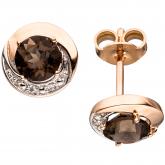 Ohrstecker 14k (585) Rotgold mit 4 Brillanten und 2 Rauchquarzen rund | Edelsteine
