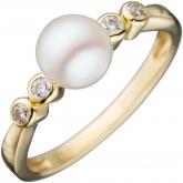 Damen Ring 333 Gelbgold mit Süßwasser-Zuchtperle und 4 Zirkonia weiß | Perlen