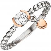 Kugel-Ring mit Anhänger "Herz" 925 Sterling Silber/teilrotvergoldet mit Zirkonia weiß | Silberschmuck