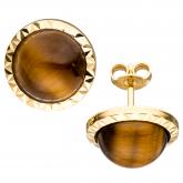 Ohrstecker rund 585 Gelbgold mit 2 Tigeraugen braun | Edelsteine