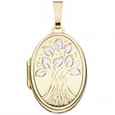 Medaillon oval "Baum" 14k (585) Gelbgold bicolor für 2 Fotos | Vergoldet
