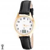 JOBO Funk Damen Armbanduhr Edelstahl/vergoldet mit Lederband schwarz | JOBO