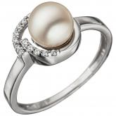 Damen Ring 925 Sterling Silber mit Süßwasser-Zuchtperle und Zirkonia weiß | Perlen