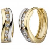 Creolen 333 Gelbgold bicolor mit Zirkonia weiß geschwungen