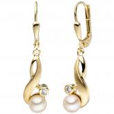 Boutons 333 Gelbgold mit 2 Süßwasser-Zuchtperlen und 2 Zirkonia weiß "Musica" | Perlen