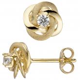 Ohrstecker "Rosette" 333 Gelbgold teilmatt mit 2 Zirkonia weiß | Gelbgoldschmuck