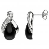 Ohrstecker 925 Sterling Silber 2 Onyxe schwarz und 14 Zirkonia weiß Tropfen | Edelsteine