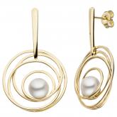 Ohrstecker 585 Gelbgold mit 2 Süßwasser-Zuchtperlen weiß abstrakt ringförmig | Gelbgoldschmuck
