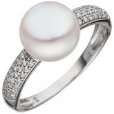 Damen Ring 333 Weißgold mit Süßwasser-Zuchtperle und 36 Zirkonia weiß | Weißgoldschmuck