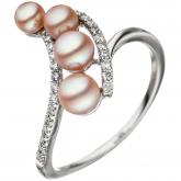 Damen Ring 585 Weißgold mit 4 Süßwasser Perlen rosa und Brillanten 0,16 ct. | Weißgoldschmuck