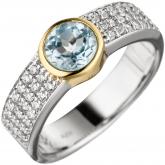 Damen Ring 925 Silber/teilvergoldet mit Blautopas und Zirkonia weiß | 