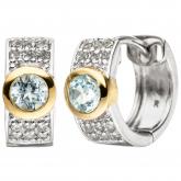 Creolen 925 Silber/teilvergoldet mit 2 Blautopasen und Zirkonia weiß | Silberschmuck