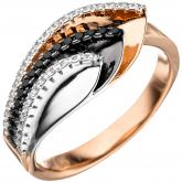 Damen Ring 925 Sterling Silber tricolor mit Zirkonia schwarz und weiß Muschelform