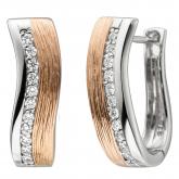Creolen 925 Sterling Silber/teilrotvergoldet mit 22 Zirkonia weiß strukturiert