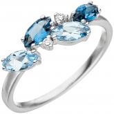 Damen Ring 585 Weißgold mit 4 Blautopasen sowie 2 Brillanten | Edelsteine