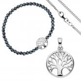 Schmuck-Set mit Anhänger "Lebensbaum" 925 Silber, Armband Hämatit und Kette 42 cm | Sets