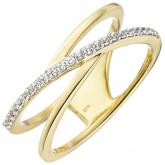 Damen Ring 2-reihig 375 Gelbgold 24 Zirkonia weiß X-Form | Gelbgoldschmuck