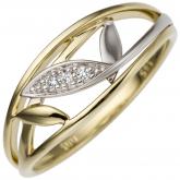 Damen Ring 585 Gelb-/Weißgold bicolor mit 3 Brillanten floral