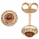 Ohrstecker 585 Rotgold mit 2 Turmalin Cabochons pinkfarben und 32 Brillanten | Rosé- und Rotgoldschmuck
