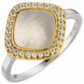 Damen Ring 925 Sterling Silber /teilvergoldet mit Perlmutt und 28 Zirkonia weiß | Perlen