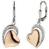 Boutons "Herz" 925 Silber/teilrotvergoldet mit 18 Zirkonia weiß | Silberschmuck