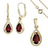 Schmuck-Set "Tropfen" 333 Gelbgold mit Granat rot Boutons, Anhänger und Kette 45 cm | Sets
