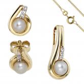Schmuck-Set 333 Gelbgold mit Süßwasser-Zuchtperlen und Zirkonia weiß 45 cm | Sets